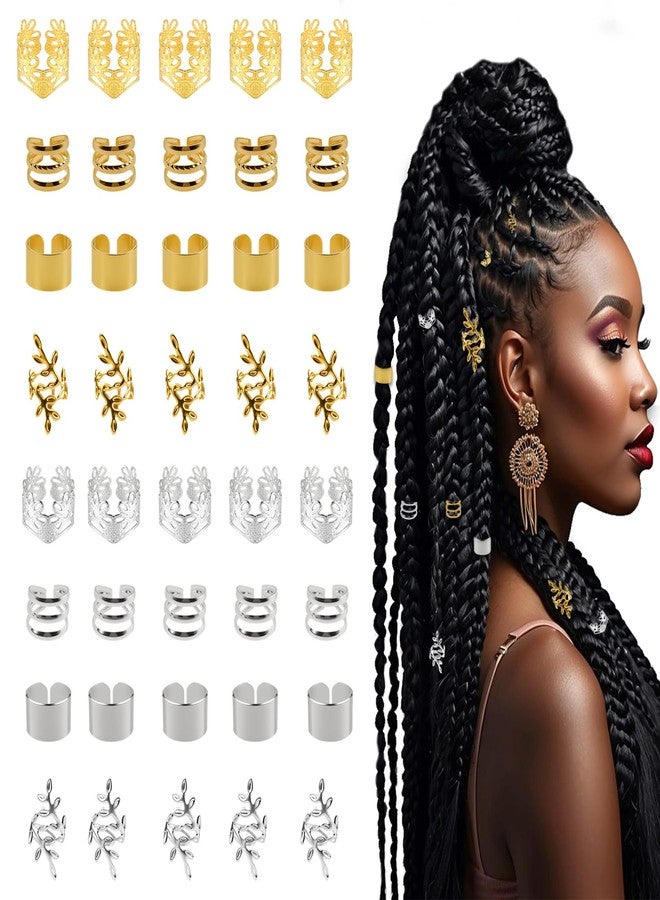 LUSTRIB 40 Pcs Hair Jewelry for Braids, Silver & Gold Hair Cuffs Rings, 4 Styles Metal Braid Accessories & Decorations for Women and Girls - Image 1